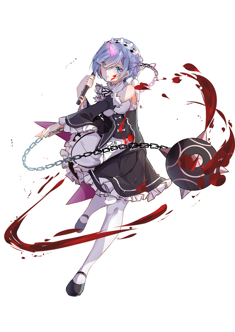 apron bangs black_dress black_footwear blood blood_on_face blood_splatter blue_eyes blue_hair blunt_bangs chain detached_sleeves dress foreshortening frilled_dress frills full_body glowing hair_ornament hair_ribbon hairband hairclip holding holding_weapon horn long_sleeves looking_at_viewer maid mary_janes natie_(latte) outstretched_arm pantyhose parted_lips purple_ribbon re:zero_kara_hajimeru_isekai_seikatsu rem_(re:zero) ribbon running shoes short_hair simple_background solo spiked_mace spoilers waist_apron weapon white_apron white_background white_legwear wide_sleeves x_hair_ornament