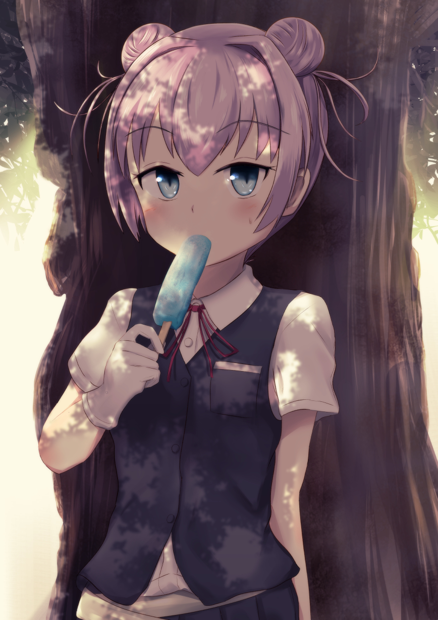 alternate_hairstyle bad_id bad_pixiv_id bangs blue_eyes buttons double_bun eating eyebrows eyebrows_visible_through_hair food gloves haoto_(arnica_leaf) highres holding kantai_collection looking_at_viewer neck_ribbon outdoors pink_hair pocket popsicle red_neckwear red_ribbon ribbon school_uniform shiranui_(kantai_collection) shirt short_sleeves solo tree vest white_gloves white_shirt