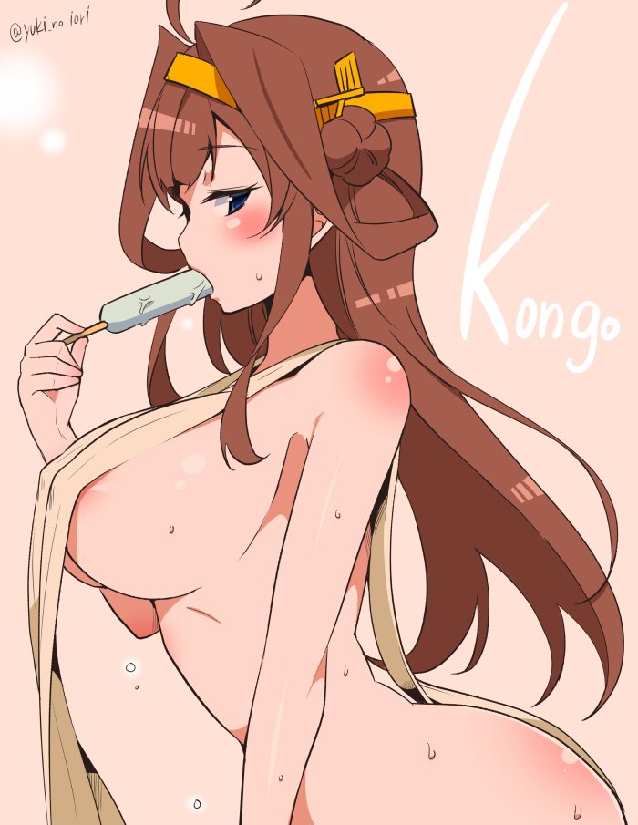 ahoge apron arched_back areola_slip areolae artist_name beige_background blue_eyes blush body_blush breasts brown_hair covered_nipples eating food from_side hair_bun hairband headgear holding holding_food huge_breasts kantai_collection kongou_(kantai_collection) leaning_forward long_hair looking_at_viewer looking_to_the_side naked_apron perky_breasts popsicle profile simple_background solo sweatdrop very_long_hair yellow_apron yuuki_hb