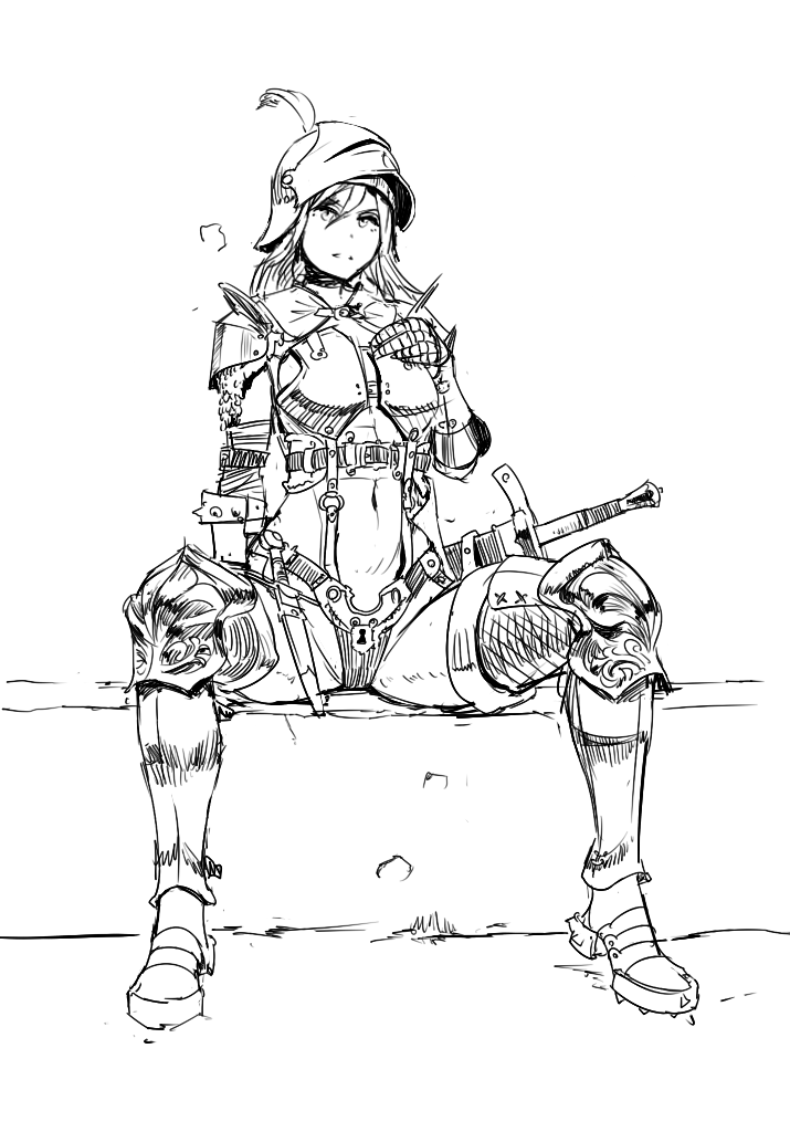 armor bikini_armor boots breasts commentary_request dagger feathers greyscale helmet monochrome navel nisetanaka original revealing_clothes sitting solo sword thigh_boots thighhighs weapon