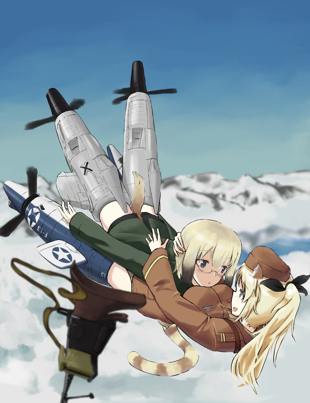 blonde_hair flying glasses gun katharine_ohare long_hair minori_(ernte_c) multiple_girls short_hair strike_witches ursula_hartmann