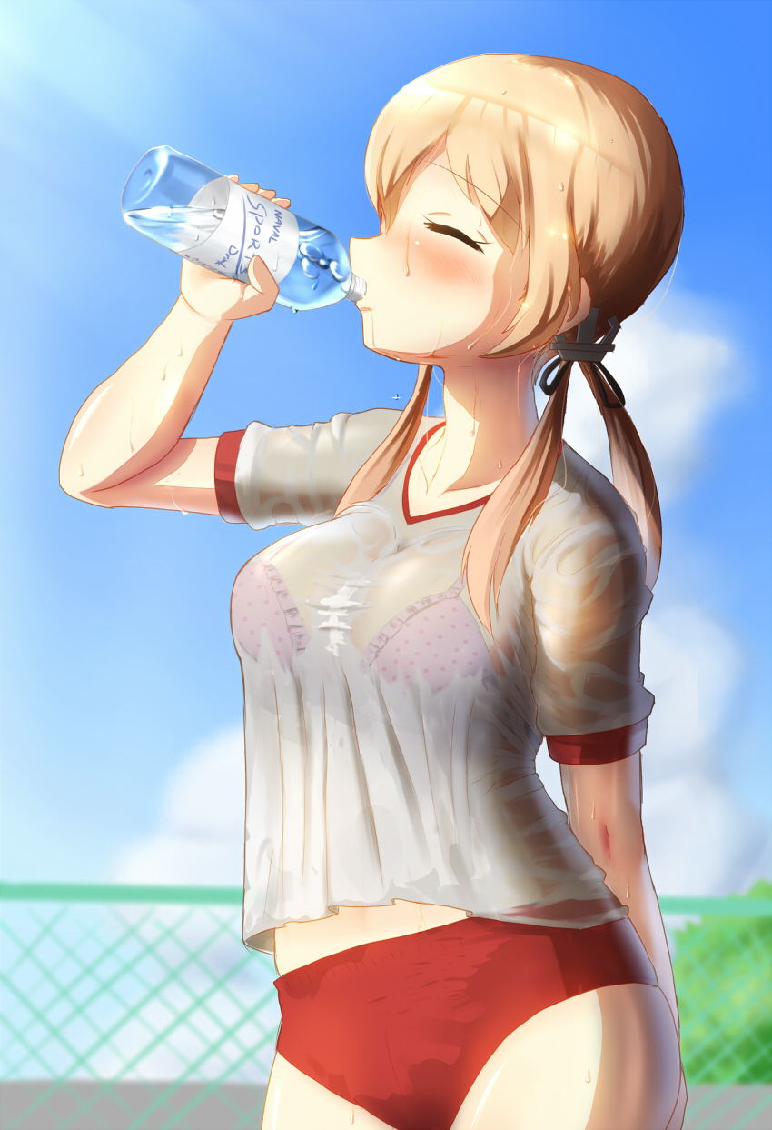 anchor_hair_ornament arm_up blonde_hair blurry blush bottle bra breasts buruma chain-link_fence cleavage closed_eyes collarbone cowboy_shot day depth_of_field fence grey_shirt gym_uniform hair_ornament highres holding holding_bottle kantai_collection large_breasts long_hair low_twintails maku_ro outdoors pink_bra polka_dot polka_dot_bra prinz_eugen_(kantai_collection) see-through shirt short_sleeves solo sportswear standing summer sunlight twintails underwear water_bottle water_drop wet wet_buruma wet_clothes wet_shirt