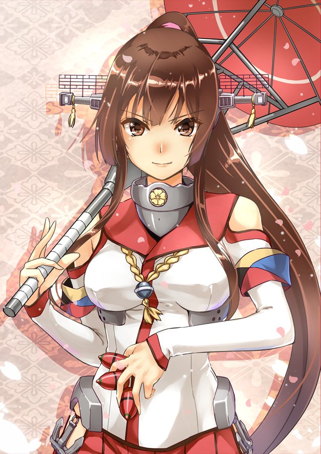 &gt;:) abo_(hechouchou) breasts brown_eyes brown_hair bullet cherry_blossoms commentary_request detached_sleeves headgear kantai_collection long_hair long_sleeves looking_at_viewer medium_breasts oriental_umbrella petals ponytail red_skirt red_umbrella skirt smile solo umbrella upper_body v-shaped_eyebrows very_long_hair yamato_(kantai_collection)