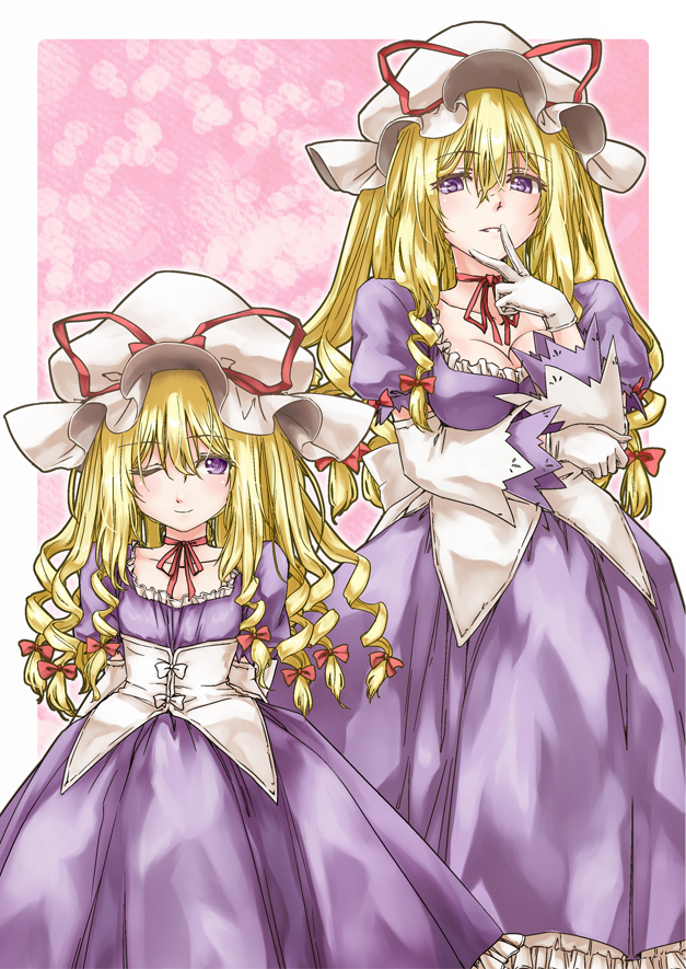 abo_(hechouchou) blonde_hair blush bow breasts choker cleavage corset detached_sleeves dress drill_hair dual_persona gloves hair_bow hair_ribbon hat hat_ribbon height_difference lolikari long_hair long_sleeves medium_breasts mob_cap multiple_girls one_eye_closed parted_lips puffy_short_sleeves puffy_sleeves purple_dress purple_eyes red_bow red_ribbon ribbon ribbon_choker short_sleeves smile touhou tress_ribbon white_gloves yakumo_yukari