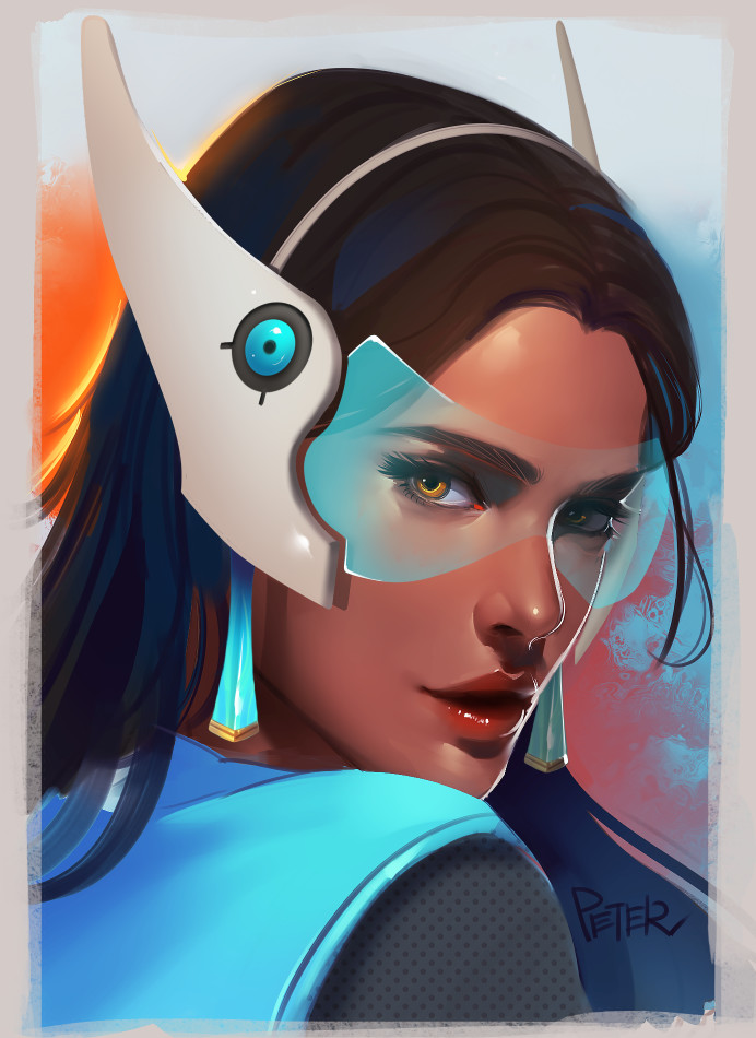 artist_name black_hair dark_skin earrings eyelashes face headgear jewelry lips long_hair looking_at_viewer overwatch parted_lips peter_xiao portrait realistic solo symmetra_(overwatch) upper_body visor yellow_eyes