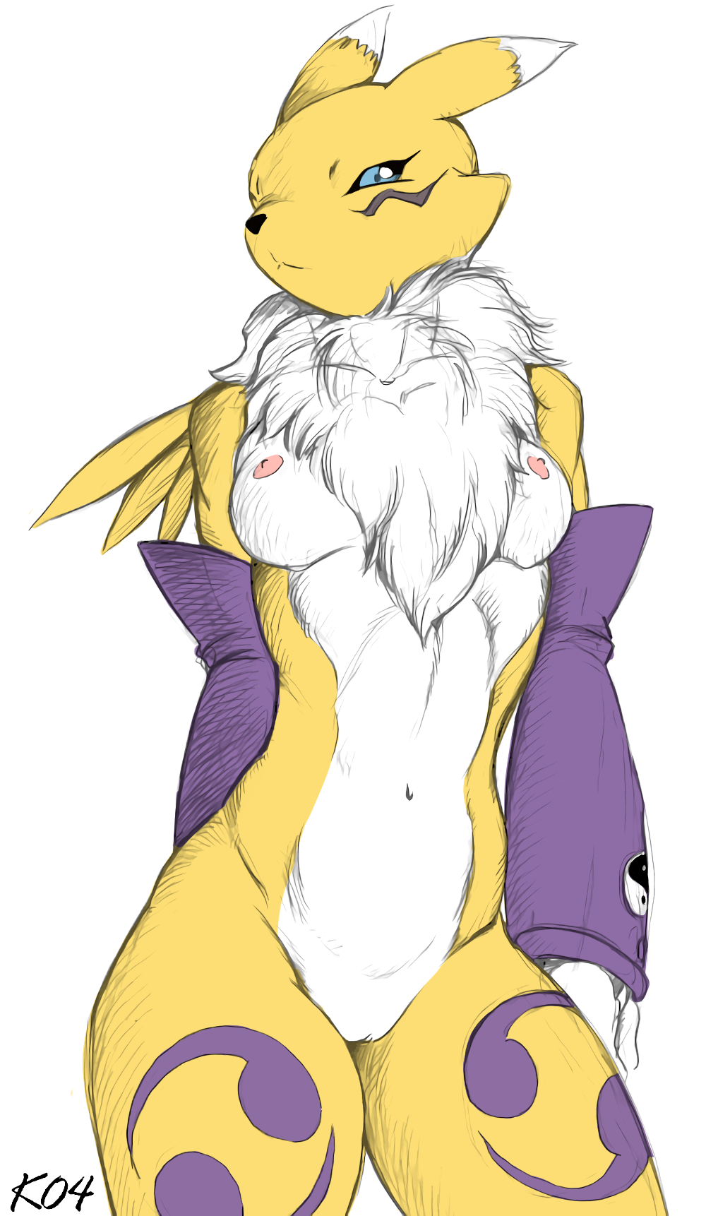 2004 anthro black_sclera blue_eyes breasts canine chest_tuft clothing color_edit colored digimon edit elbow_gloves facial_markings female fox front_view fur gloves haughty hi_res karabiner looking_at_viewer mammal markings mostly_nude muscular navel nipples pussy renamon simple_background sketch solo standing tuft white_background yellow_fur