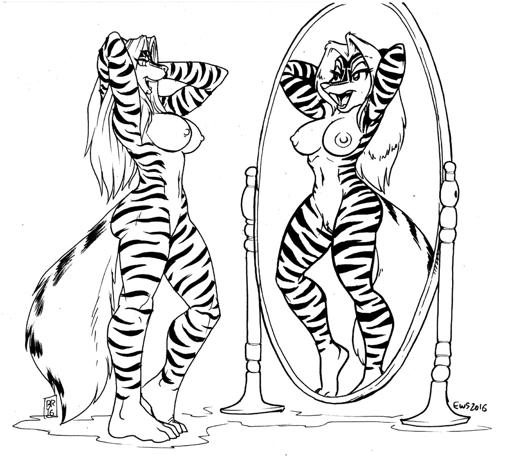 2016 altered_reflection anthro armpits breasts collaboration eric_schwartz feline female fluffy fluffy_tail fur hands_behind_head hybrid mammal max_blackrabbit mirror monochrome navel nipples nude open_mouth pussy sabrina_online simple_background skunk solo standing striped_fur striped_tail stripes tiger webcomic white_background zig_zag