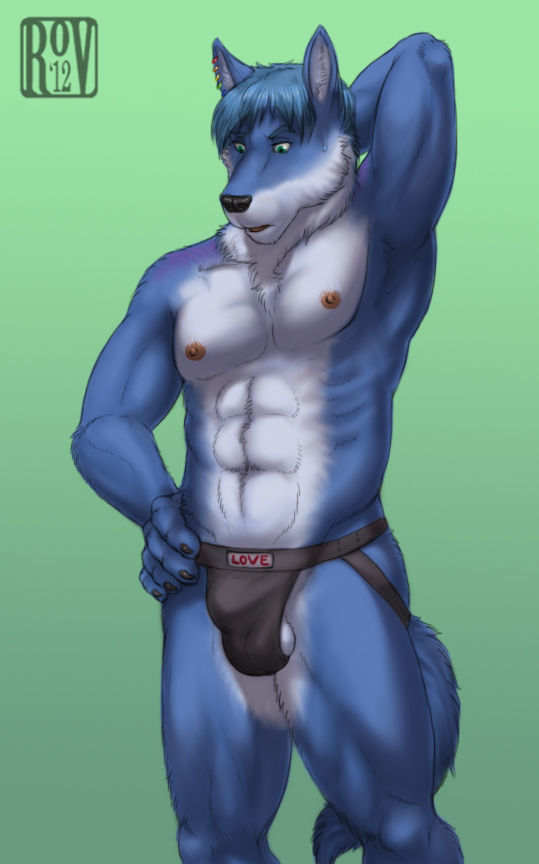 2012 abs anthro armpits athletic balls black_nose blue_fur blue_hair bulge canine claws clothed clothing dicewolf digital_media_(artwork) ear_piercing fluffy fluffy_tail front_view fur green_background green_eyes hair hand_behind_head hand_on_hip inner_ear_fluff jockstrap male mammal multicolored_fur nipples pecs piercing portrait raised_eyebrow rov simple_background solo standing sweat three-quarter_portrait topless two_tone_fur underwear watermark white_fur wolf