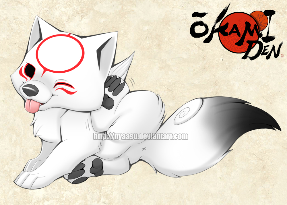 ambiguous_gender anus canine chibiterasu cute deity distracting_watermark feral fluffy fur hindpaw mammal nyaasu okamiden one_eye_closed paws quadruped scratching solo tongue tongue_out url video_games watermark white_fur wolf young ōkami