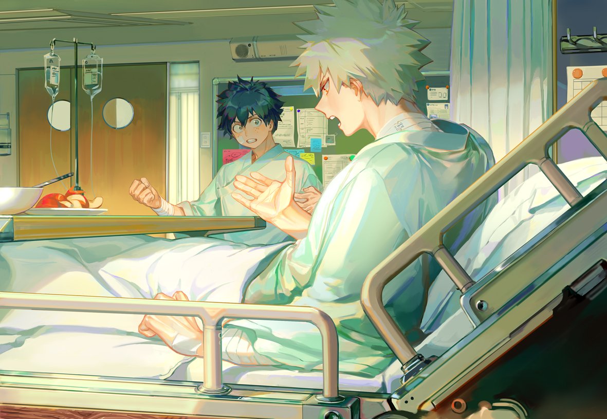 2boys apple apple_slice bandage bed black_hair boku_no_hero_academia bowl door food fruit hospital_bed hospital_gown indoors intravenous_drip male_focus midoriya_izuku multiple_boys open_mouth parted_lips profile short_hair taro-k teeth todoroki_shouto white_hair