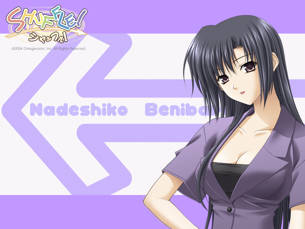 bangs benibara_nadeshiko black_hair black_shirt blue_jacket breasts business_suit buttons character_name cleavage collarbone company_name copyright_name dated directional_arrow eyebrows_visible_through_hair formal grey_eyes hand_on_hip head_tilt jacket letterboxed light_smile lipstick logo long_hair looking_at_viewer makeup mature official_art parted_bangs parted_lips rainbow_order rainbow_text red_lipstick shirt short_sleeves shuffle! smile solo straight_hair strapless suit suzuhira_hiro taut_clothes teacher tubetop upper_body very_long_hair wallpaper white_background wing_collar