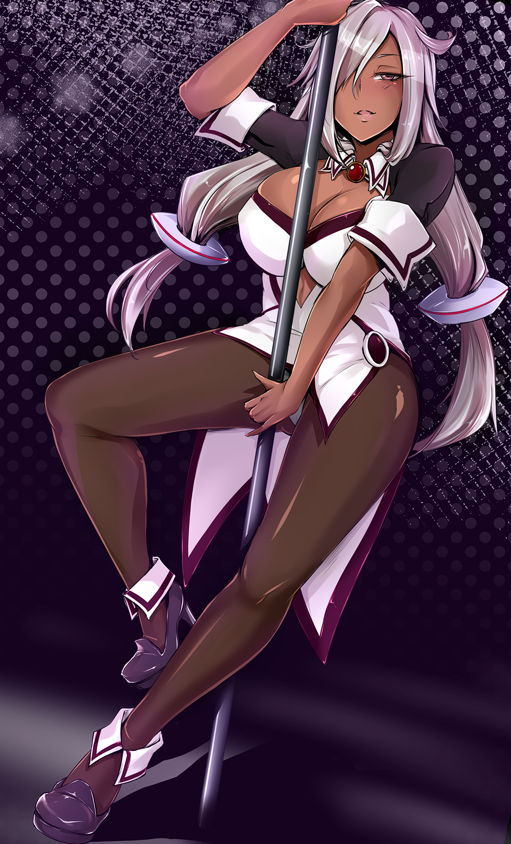 ankle_cuffs black_legwear breasts cleavage dark_skin hacka_doll hacka_doll_0 hair_over_one_eye high_heels highres large_breasts long_hair looking_at_viewer pantyhose parted_lips pole_dancing pondeomaru red_eyes silver_hair solo stripper_pole