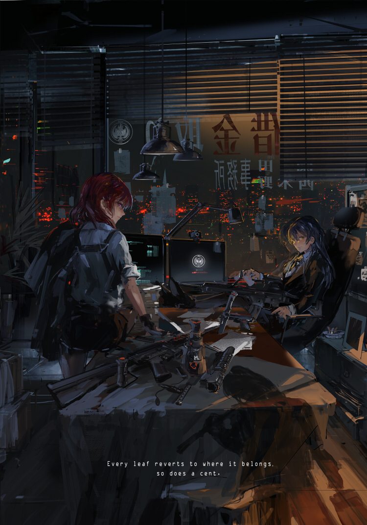 ashtray assault_rifle ayase_eli blinds blue_hair building chair city computer g36 grenade_launcher gun holster long_hair looking_back love_live! love_live!_school_idol_project m16a4 m203 multiple_girls nishikino_maki office office_chair red_eyes red_hair reflection rifle shadow shoulder_holster sitting skyscraper soldier_game sonoda_umi stu_dts underbarrel_grenade_launcher weapon window yellow_eyes