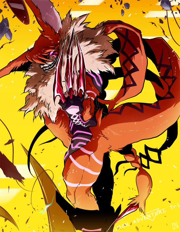 claws creepy_eyes debris destruction digimon digimon_adventure_tri. evil evil_grin evil_smile fingernails fur fur_collar glowing glowing_eyes grin huge_claws looking_at_viewer meicrackmon monster no_humans oden_(odendesu) pink_eyes rock sharp_fingernails sharp_teeth smile solo stinger streamers tail teeth yellow_background