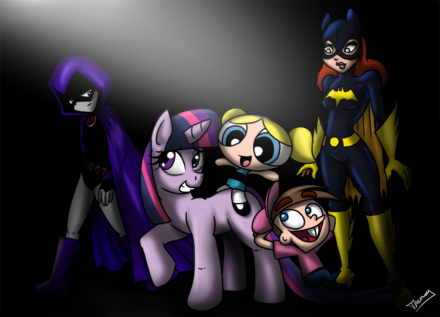 batgirl batman_(series) bubbles_(powerpuff_girls) cartoon_network clothed clothing crossover cutie_mark dc_comics equine fairly_oddparents female feral friendship_is_magic fur group hair horn horse human male mammal multicolored_hair my_little_pony nickelodeon not_furry pony powerpuff_girls purple_eyes raven_(teen_titans) teen_titans timmy_turner tommassey250_(artist) twilight_sparkle_(mlp) unicorn young