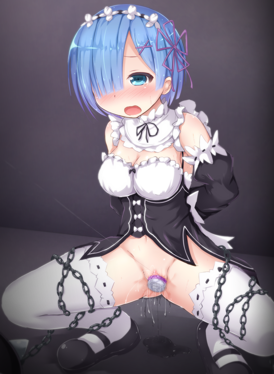 1girl blue_eyes blue_hair blush bondage chains detached_sleeves dildo ejaculation female female_ejaculation female_orgasm frills frogtie hair_over_one_eye head_wreath mumumumu no_panties open_mouth orgasm pussy pussy_juice re:zero_kara_hajimeru_isekai_seikatsu rem_(re:zero) shoes short_hair solo squatting squirting sweat tears thighhighs uncensored vaginal_insertion