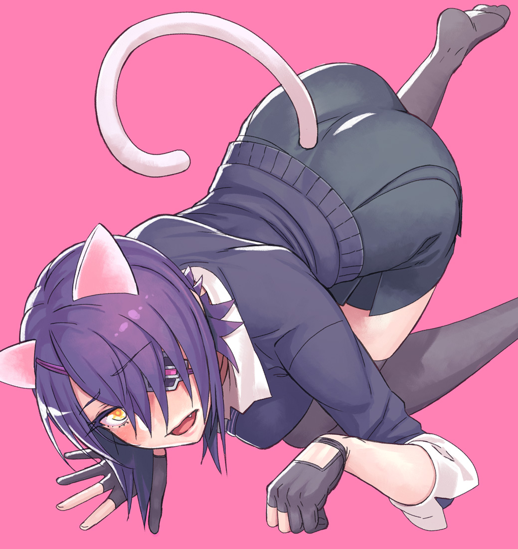 all_fours animal_ears black_legwear cat_ears cat_tail eyepatch fang fingerless_gloves from_above gloves kantai_collection looking_up partly_fingerless_gloves paw_pose purple_hair short_hair simple_background solo tail tenryuu_(kantai_collection) thighhighs yellow_eyes yuuji_(and)