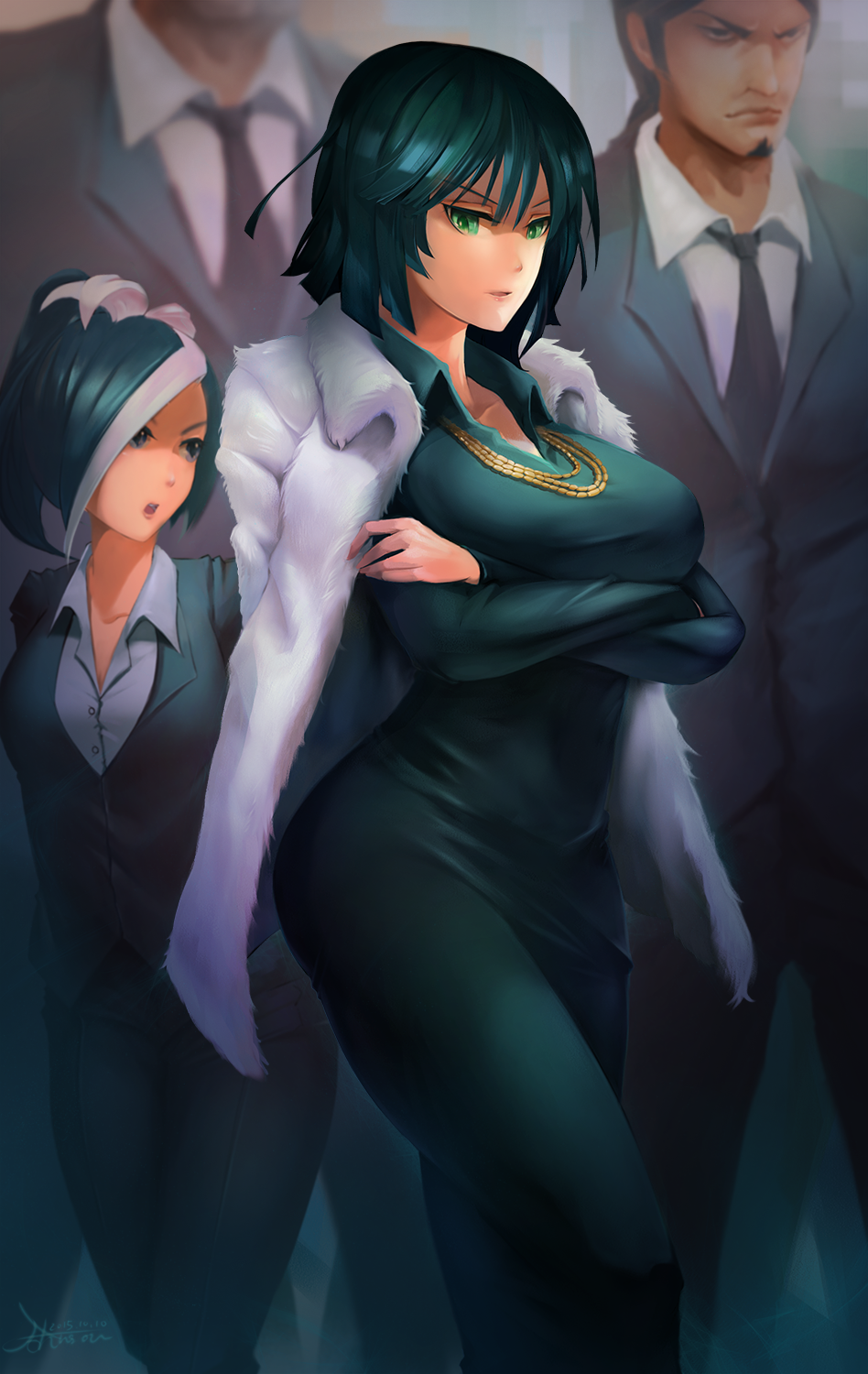 blue_hair breasts coat crow_aberdeen dress fubuki_(one-punch_man) fur_coat green_eyes head_out_of_frame highres hips jewelry large_breasts matsuge_(one-punch_man) necklace one-punch_man sansetsukon_no_lily short_hair solo_focus thighs yamazaru_(one-punch_man)