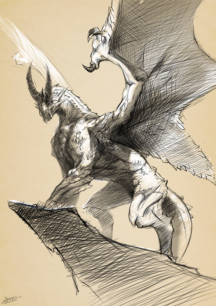 claws crow_aberdeen dragon horns monochrome monster_hunter monster_hunter_4 no_humans shagaru_magala signature simple_background sketch solo