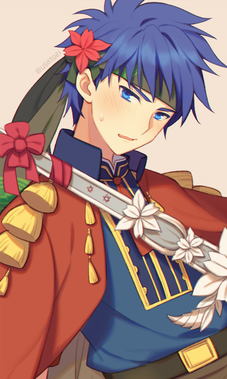 1boy alternate_costume blue_eyes blue_hair blush cape fire_emblem fire_emblem:_souen_no_kiseki fire_emblem_heroes flower gloves headband ike jacket male_focus nintendo short_hair simple_background solo sword valentine weapon wusagi2