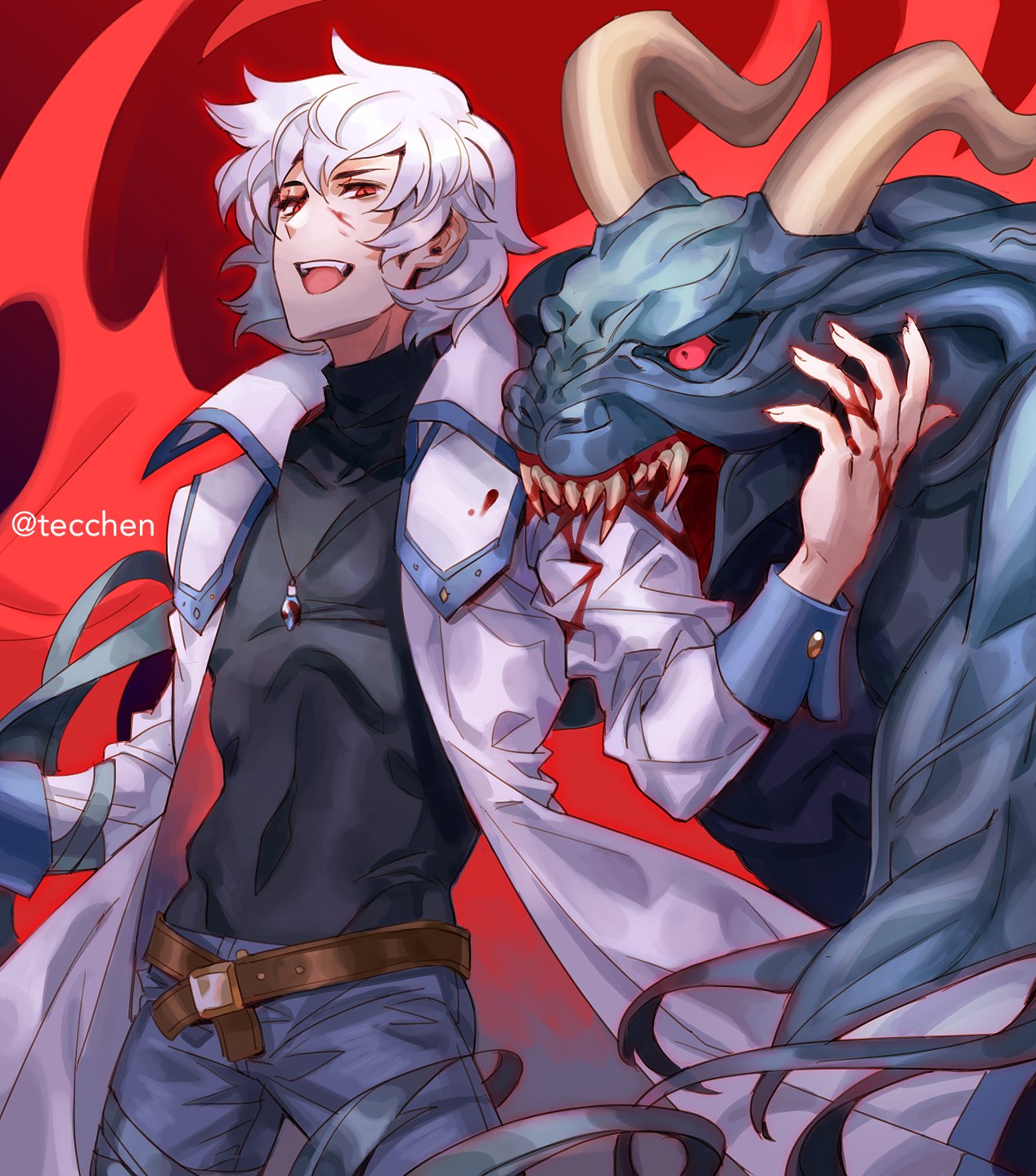 1boy biting blood castlevania castlevania:_aria_of_sorrow castlevania:_dawn_of_sorrow coat demon gloves highres horns long_hair looking_at_viewer male_focus monster open_mouth red_eyes short_hair simple_background smile solo soma_cruz tecchen trench_coat white_hair wings