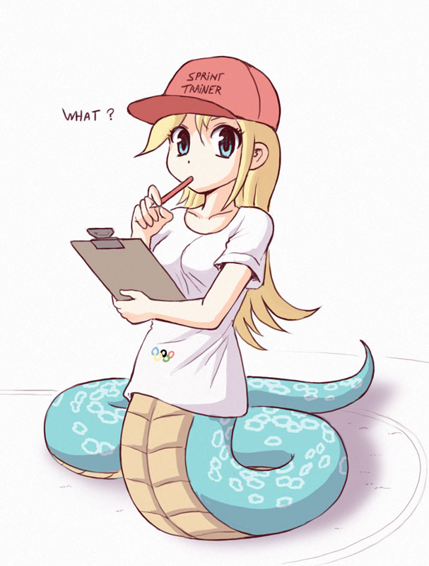 blonde_hair blue_eyes clipboard english_text female hair hat karbo lamia looking_at_viewer solo text