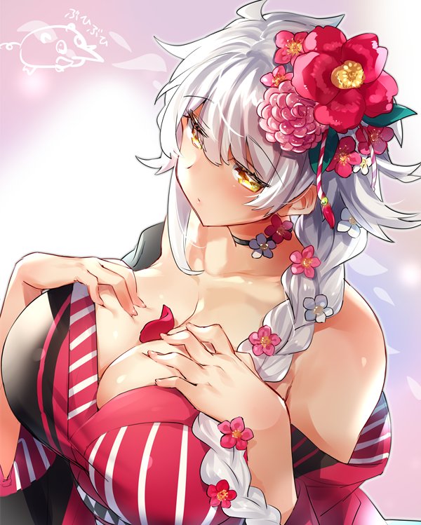 1girl asymmetrical_hair bangs bare_shoulders blush braid breasts choker cleavage closed_mouth collarbone flower hair_between_eyes hair_flower hair_ornament hands_on_own_chest japanese_clothes jitome kantai_collection kimono large_breasts long_hair looking_at_viewer petals red_kimono silver_hair single_braid solo swept_bangs unryuu_(kantai_collection) very_long_hair wavy_hair yamaarashi yellow_eyes