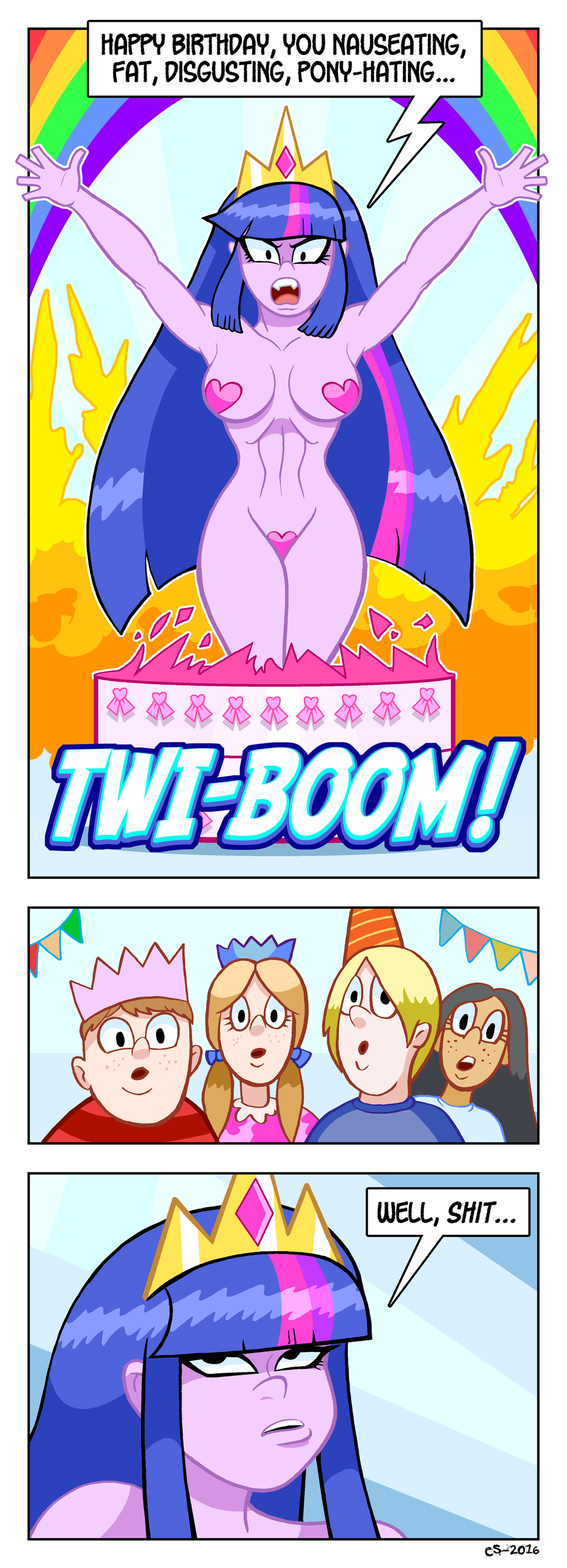 ! &lt;3 ... 2016 angry annoyed birthday_hat black_eyes black_hair blonde_hair border breasts brown_hair cake censored clothed clothing comic crown curtsibling detailed_background digital_media_(artwork) dress english_text equestria_girls eyebrows eyelashes fangs female fire food freckles friendship_is_magic group hair half-closed_eyes human humanoid long_hair looking_at_viewer male mammal multicolored_hair my_little_pony nude open_mouth parody purple_skin rainbow ribbons shirt simple_background speech_bubble surprise teeth text tongue twilight_sparkle_(eg) twilight_sparkle_(mlp) two_tone_hair watermark white_sclera young