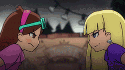 animated animated_gif blonde_hair blue_eyes blurry blurry_background brown_eyes brown_hair confrontation couple depth_of_field earrings eyewear_on_head french_kiss gravity_falls hairband hug jewelry kiss long_hair looking_at_another lowres mabel_pines mike_inel multiple_girls pacifica_northwest sideways_mouth source_request yuri