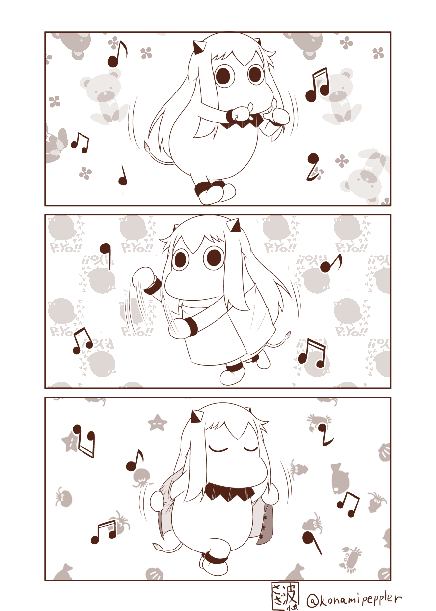 4koma beamed_eighth_notes beamed_sixteenth_notes comic commentary dancing eighth_note highres horns kantai_collection long_hair monochrome moomin muppo musical_note naked_towel northern_ocean_hime quarter_note sazanami_konami silent_comic tail the_monkey towel