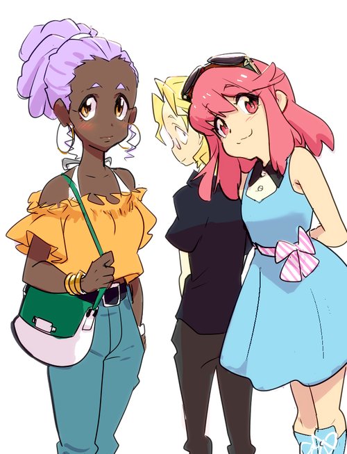 2girls bag belt bikini_top black_shirt blonde_hair blush curly_hair dark_skin denim dress earrings glasses goggles goggles_on_head grey_hair gyosone hair_tie handbag high_tops hououmaru_rei iori_shirou jakuzure_nonon jeans jewelry kill_la_kill lavender_hair long_hair multiple_girls off_shoulder pants pink_hair ponytail red_eyes shirt sidelocks sleeveless sleeveless_dress smile tareme yellow_eyes