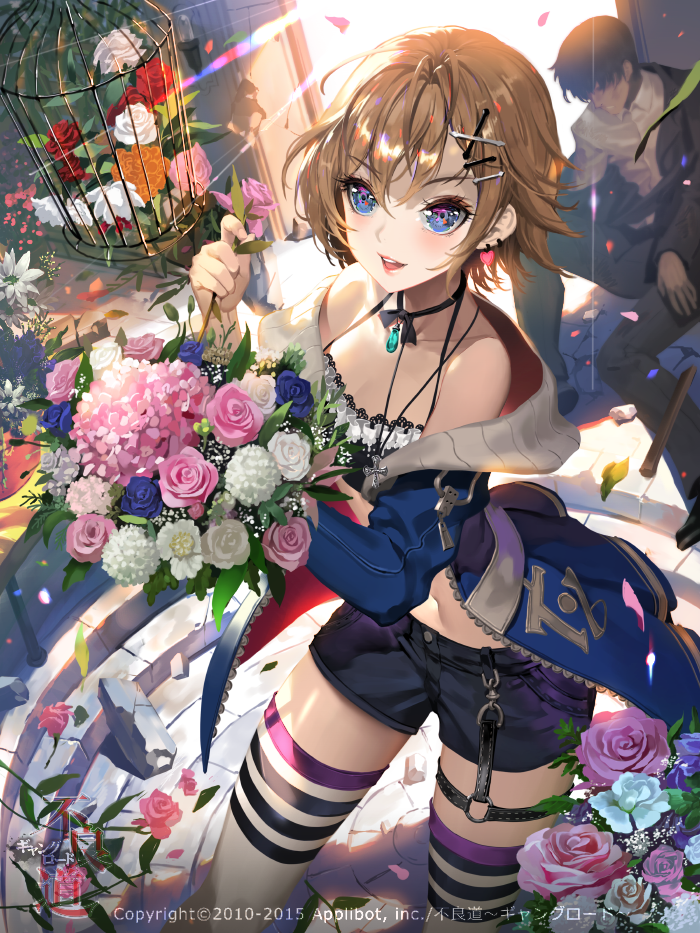 1girl birdcage black_hair blue_eyes bouquet breasts brown_hair cage flower furyou_michi_~gang_road~ hair_ornament hairclip jewelry looking_at_viewer medium_breasts necklace original rose short_hair smile thighhighs tob