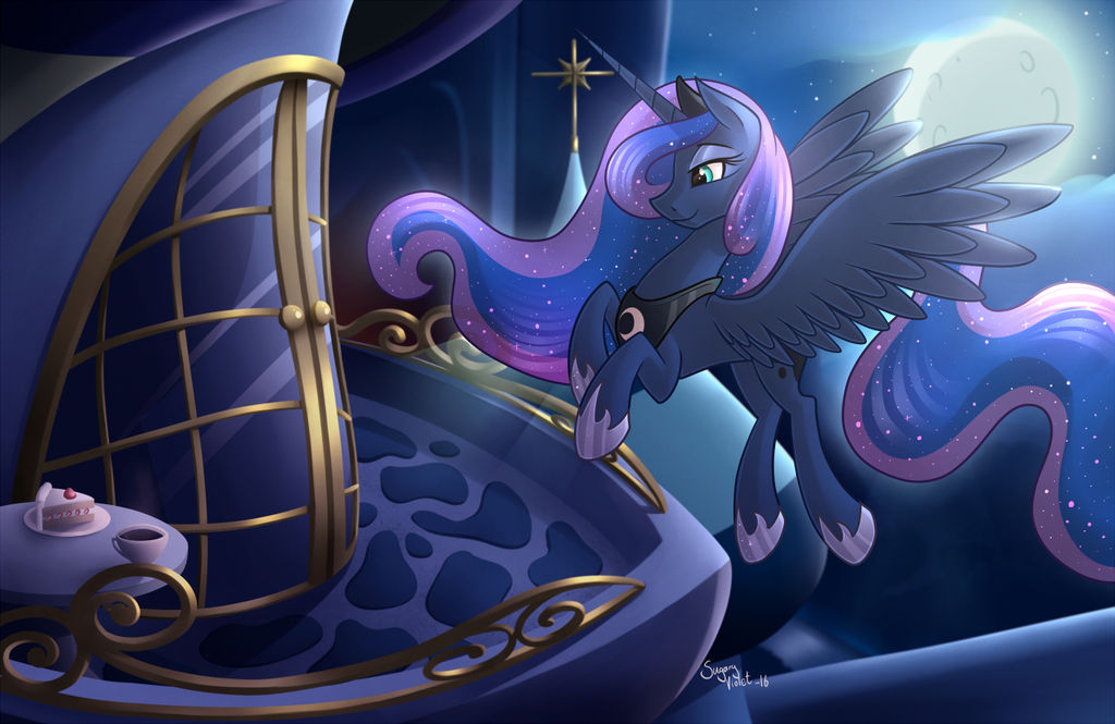 2016 balcony blue_eyes blue_feathers blue_fur blue_hair cake canterlot castle cloud crown cup cutie_mark equine feathered_wings feathers female feral flying food friendship_is_magic fur hair horn jewelry mammal moon my_little_pony necklace outside princess_luna_(mlp) sky smile solo spread_wings star sugaryviolet window winged_unicorn wings