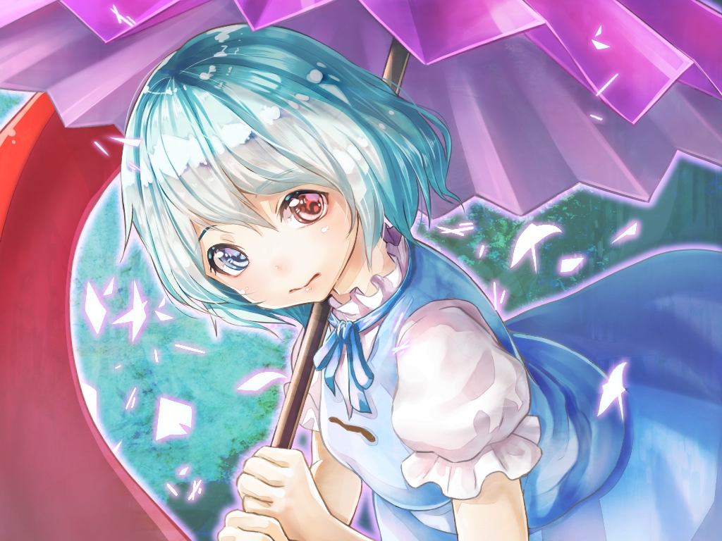 aqua_hair blue_eyes dutch_angle heterochromia karakasa_obake looking_at_viewer muishiki_(umauma016) puffy_sleeves red_eyes shirt short_hair short_sleeves skirt skirt_set solo tatara_kogasa touhou umbrella upper_body vest