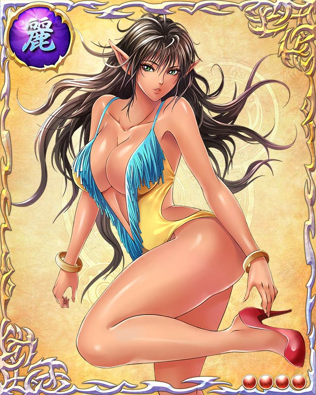 1girl armpits arshes_nei ass bare_arms bare_legs bare_shoulders bastard!! black_hair bracelet breasts card_(medium) cleavage dark_skin feet green_eyes high_heels large_breasts legs long_hair looking_at_viewer parted_lips pointy_ears serious shiny shiny_skin simple_background solo swimsuit thighs