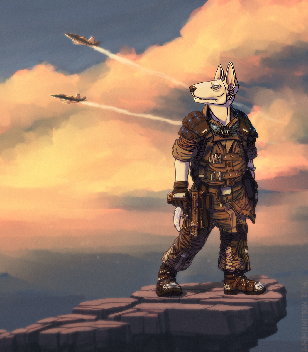 2016 aircraft airplane anthro armor biped boots canine cliff clothed clothing cloud coat digital_media_(artwork) dog ear_piercing eyewear fighterjet footwear gloves goggles gun handgun jet male mammal outside piercing pistol ranged_weapon rock sky solo standing weapon