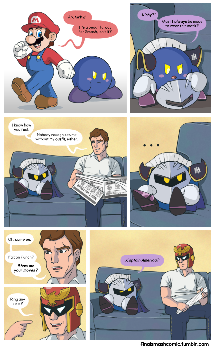 captain_america captain_falcon comic english_text f-zero human kirby kirby_(series) male mammal mario mario_bros marvel mask meta_knight newspaper nintendo sofa speech_bubble super_smash_bros text tumblr video_games yayster_(artist)