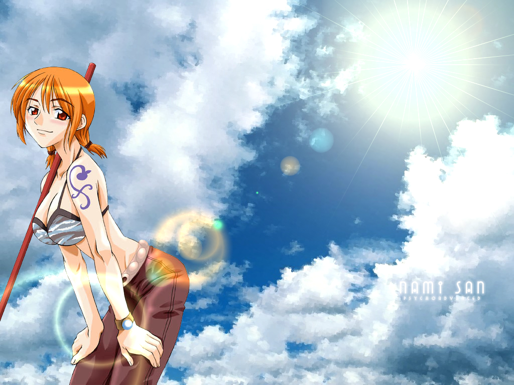 1girl belt bikini_top blue_sky blush breasts capri_pants character_name cleavage clima-tact cloud compass leaning_forward lens_flare log_pose nami nami_(one_piece) naughty_face one_piece orange_eyes orange_hair pants short_hair short_twintails sky skypiea solo staff sunlight tattoo twintails wallpaper