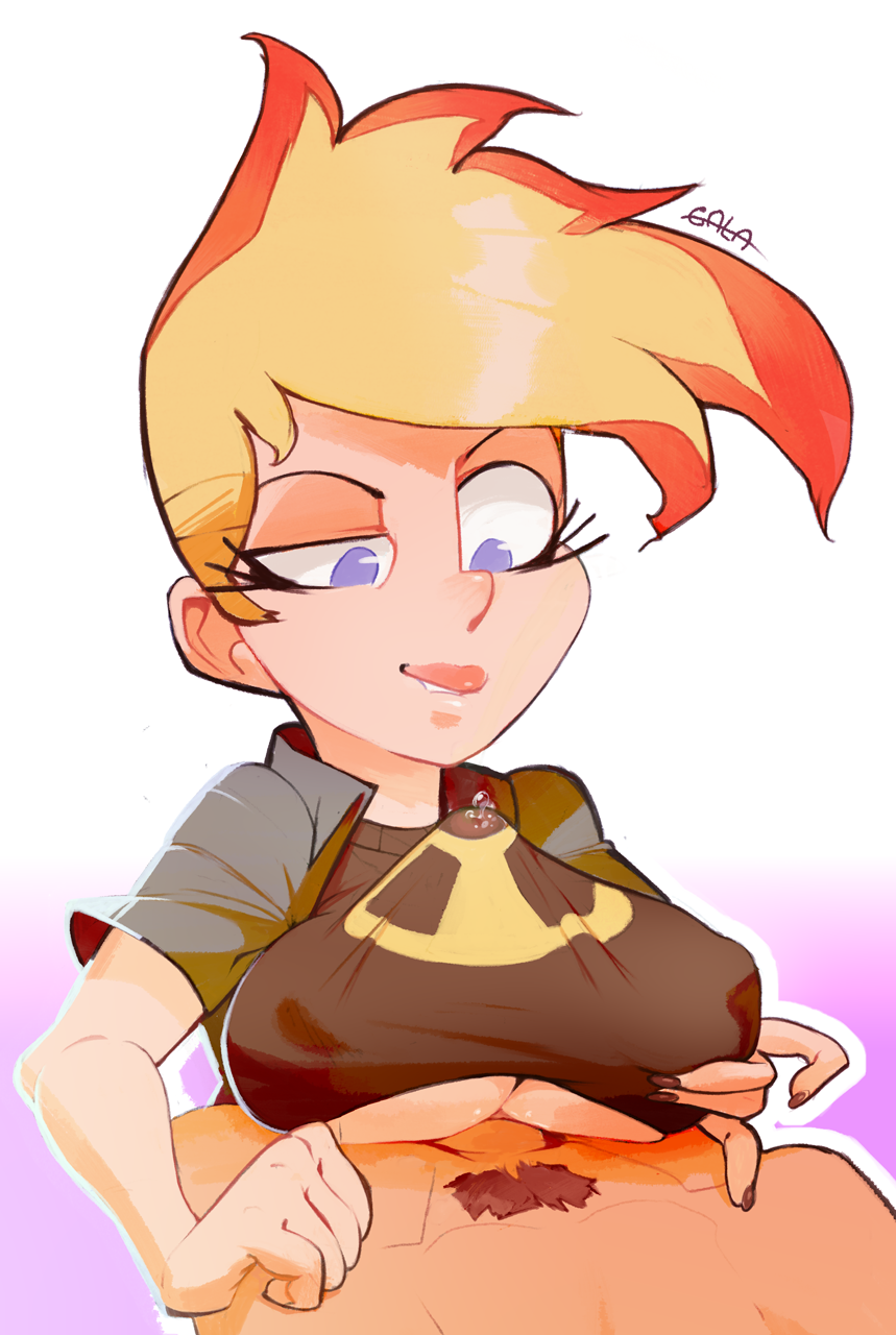 1boy 1girl breast_grab breasts clothed_sex eyebrow_up genderswap johnny_test lagalamel large_breasts orange_hair paizuri precum pubic_hair shirt smile tagme underboob