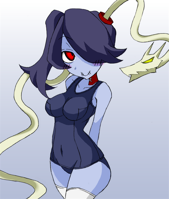 1girl blue_skin breasts hair_over_one_eye leviathan_(skullgirls) misaki_naoe red_eyes side_ponytail skullgirls squigly_(skullgirls) stitched_mouth swimsuit thighhighs zombie