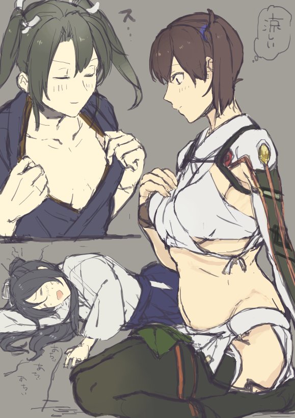 armpits bad_id bad_twitter_id black_hair black_legwear blush brown_hair camouflage closed_eyes collarbone commentary cosplay costume_switch elbow_gloves fingerless_gloves from_side fukazaki gloves grey_hair hair_between_eyes hair_ribbon hakama_skirt hot japanese_clothes kaga_(kantai_collection) kaga_(kantai_collection)_(cosplay) kantai_collection katsuragi_(kantai_collection) katsuragi_(kantai_collection)_(cosplay) long_hair long_sleeves midriff multiple_girls open_clothes ponytail ribbon seiza side_ponytail sitting smile sweatdrop thighhighs translated twintails white_ribbon zuikaku_(kantai_collection)