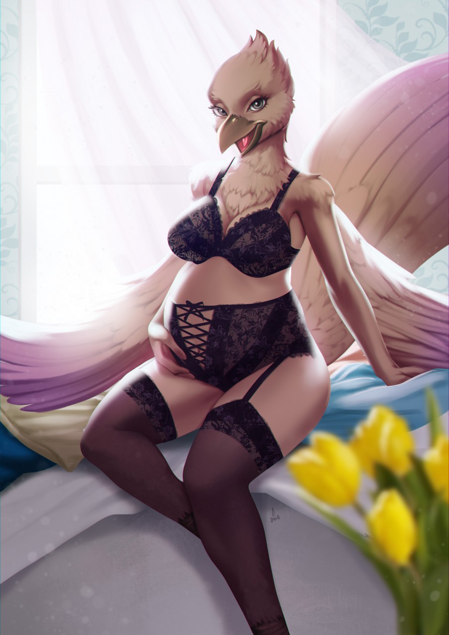 2016 alanscampos anthro avian beak belly big_belly bird bra breasts brown_eyes brown_feathers clothed clothing corvid english_text feathered_wings feathers female flower hand_on_stomach hi_res inside legwear lingerie open_mouth plant pregnant raven signature sitting smile solo text tuft underwear window wings