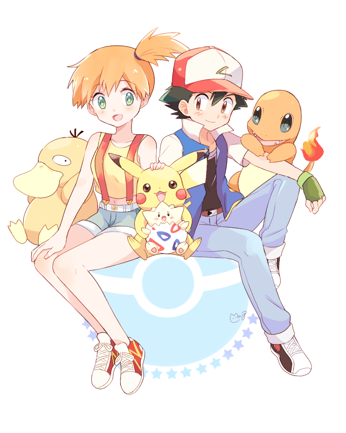 1girl :3 :d baseball_cap belt black_eyes black_shirt blue_eyes blue_pants blue_shorts blush blush_stickers brown_eyes charmander closed_mouth collarbone fingerless_gloves fire gen_1_pokemon gen_2_pokemon gloves green_eyes green_gloves hair_between_eyes hand_on_another's_head hat kasumi_(pokemon) looking_at_viewer mei_(maysroom) midriff navel open_clothes open_mouth open_vest orange_hair outstretched_arms pants pikachu poke_ball pokemon pokemon_(anime) pokemon_(classic_anime) pokemon_(creature) psyduck satoshi_(pokemon) shirt shoes short_hair short_ponytail short_sleeves shorts side_ponytail simple_background sitting sleeveless sleeveless_shirt smile sneakers star suspenders togepi vest white_background yellow_shirt