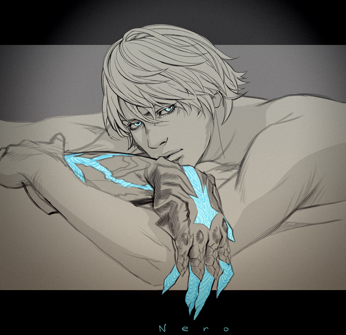 1boy albino blue_eyes character_name crossed_arms devil_may_cry_4 eyelashes half-closed_eyes hoshino_hikaru letterboxed lips looking_at_viewer lying male_focus monochrome nero_(devil_may_cry) shirtless solo spot_color upper_body white_hair