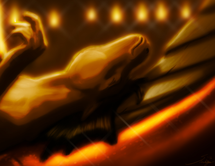 2016 abstract_background ambiguous_gender anthro black_hair brown_fur candlelight cuddling depth_of_field digital_media_(artwork) duo equine eyes_closed fire fur gold_scales hair horse interspecies lens_flare light lying mammal on_back on_top relaxing reptile scalie side_view signature simple_background sinwhisper size_difference smile sparkling unknown_species warm