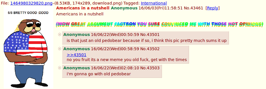 1chan ambiguous_gender bear humor imageboard mammal meme pedobear rainbow_text text