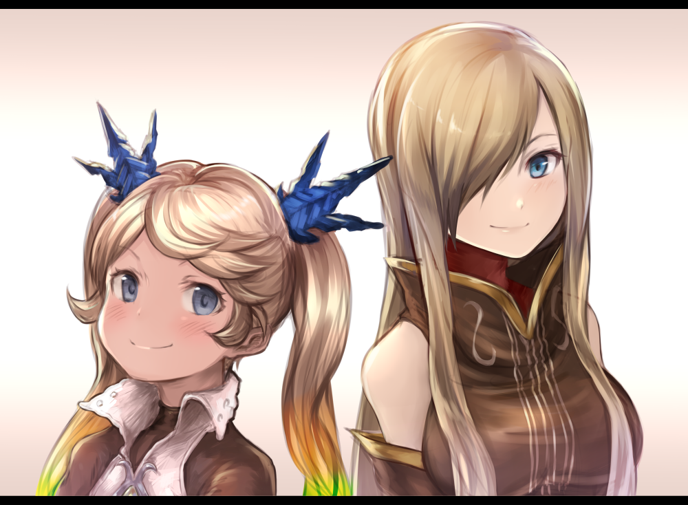 blonde_hair blue_eyes blush breasts brown_hair closed_mouth crossover granblue_fantasy green_hair hair_over_one_eye io_euclase letterboxed long_hair looking_at_viewer medium_breasts multicolored_hair multiple_girls orange_hair smile sukemyon tales_of_(series) tales_of_the_abyss tear_grants upper_body