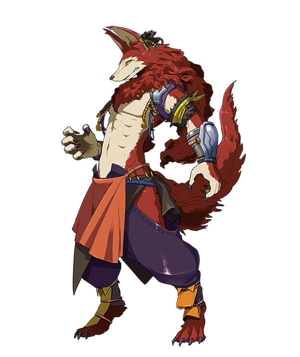 2016 anthro armguard armor baggy_pants bare_chest black_nose canine claws clothed clothing cream_fur digitigrade fur japanese looking_at_viewer male mammal multicolored_fur navel official_art red_fur solo standing two_tone_fur video_games wander_crown yellow_eyes シュバル