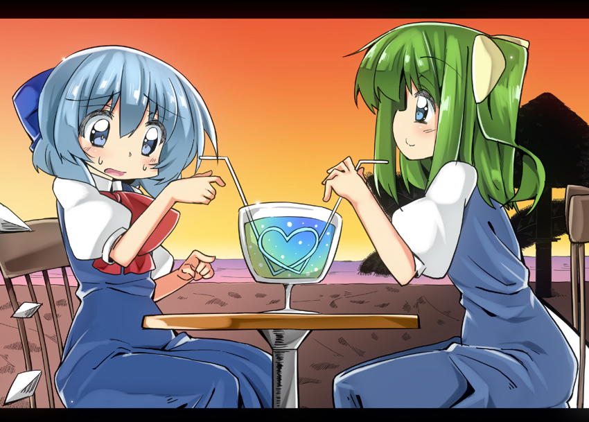 ase_(nigesapo) beach blue_eyes blue_hair blush bow chair cirno commentary crazy_straw d: daiyousei dating dress drink drinking_straw fairy_wings green_hair hair_bow heart heart_straw ice ice_wings letterboxed long_dress low_wings multiple_girls open_mouth pointing puffy_short_sleeves puffy_sleeves seaside shared_straw short_hair short_sleeves side_ponytail sitting smile sweatdrop table touhou wings yuri