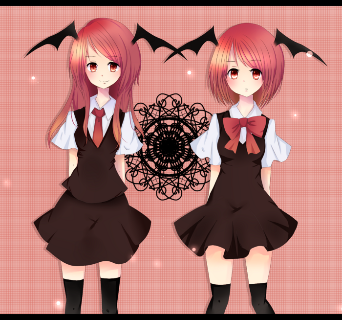 :/ alternate_hair_length alternate_hairstyle arms_behind_back ascot bat_wings black_dress black_legwear blush commentary_request cowboy_shot doily dress dress_shirt dual_persona eyebrows eyebrows_visible_through_hair head_wings koakuma letterboxed light_particles long_hair looking_at_viewer miniskirt mizuki_(tamago) multiple_girls necktie pink_background red_eyes red_hair red_neckwear shirt short_dress short_hair short_sleeves skirt skirt_set smile thighhighs touhou vest white_shirt wings zettai_ryouiki